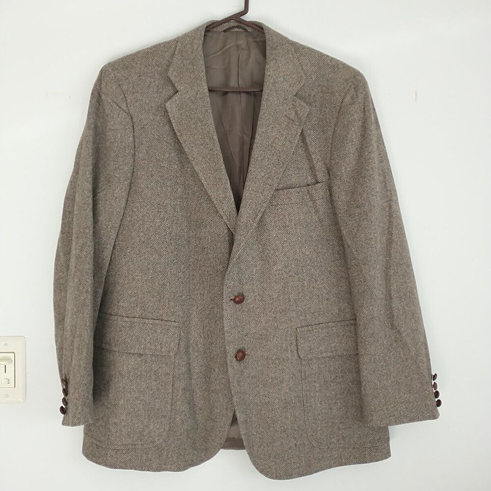 Vtg Blazer Sport Coat Men 44R Brown Herringbone Camel Hair Union Made Scotland
